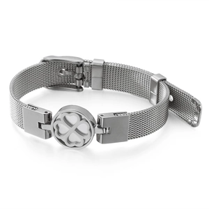 Silver mesh band stainless steel bracelet with clover charm and adjustable buckle