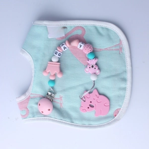 Silicone pacifier clip with koala toy and cotton flamingo baby bib set in pink and blue