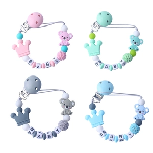 Baby Pacifier Clip Silicone Koala Crown Beads Crocheted Cotton Wood Teether Chain Anti-Drop Soother Strap Toy