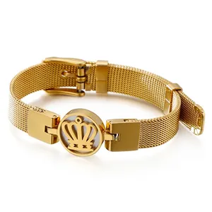 Bracelet Couronne En Acier Inoxydable Pour Femmes Vintage Maille Milanaise Réglable Avec Incrustation De Coquille