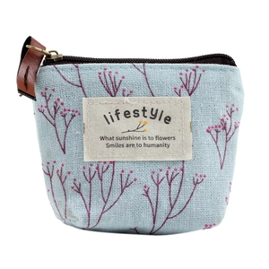 Cute floral canvas mini coin purse with lifestyle label and vintage brown zipper