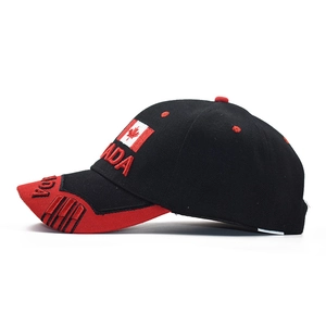 Black and red Canada baseball cap with maple leaf embroidery from a 45-degree angle