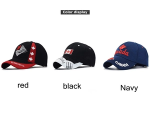 Detailed embroidery of maple leaf and Canada lettering on premium cotton baseball caps