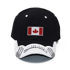 Close-up of Canada maple leaf flag patch and 3D embroidered logo on a baseball cap