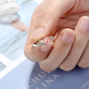 Elegant strawberry quartz open ring in silver with sparkling zircon accents for women