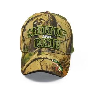 Detail of camouflage baseball cap with 3D embroidery and colorful fish motif on the brim