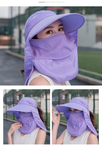 Dettaglio di un cappello da sole viola con maschera facciale e protezione per il collo