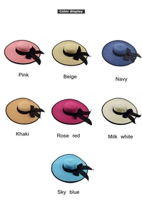 Detailed grid showing sun hats in multiple colors with black silk ribbons and wide brims