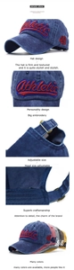 Macro details of washed cotton baseball cap with Athletic embroidery and metal buckle