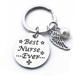 Porte-clés Best Nurse Ever en acier inoxydable avec aile d'ange et perle blanche