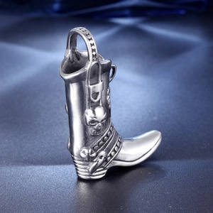Vintage stainless steel skull and cross boot pendant necklace for men in silver finish