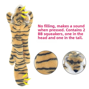 Detail of flat tiger print dog toy with two squeakers and no stuffing design