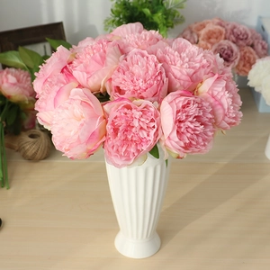 Five-head artificial pink peony bouquet in white ceramic vase for home wedding decoration