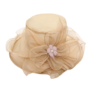 Champagne organza sun hat with large floral decoration and pearl detail for women