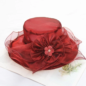 Elegant red organza sun hat with large floral detail and wide brim for summer beachwear