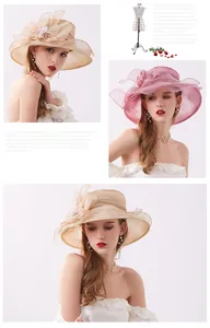 Detail of elegant organza sun hat with layered 3D floral petals and wide brim