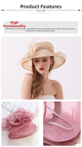 Detail view of foldable mesh sun hat with floral decor and adjustable windproof strap