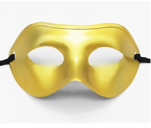 Detail view of a gold half-face masquerade mask with glossy finish and black ribbons