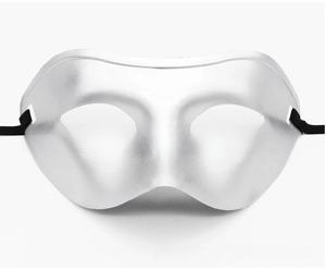 Detailed view of silver matte half-face mask with black ribbons for secure fastening