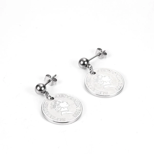 Silver Elizabeth II coin drop earrings in vintage minimalist style on white background