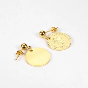 18K gold plated Elizabeth coin drop earrings in titanium steel for women