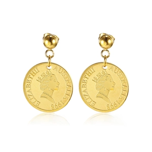 Vintage Elizabeth II Portrait Coin Drop Earrings Stainless Steel 18K Gold Plated Retro Round Medallion Dangle Earrings For Women Jewelry