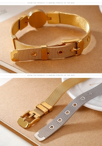 Detail of tree of life mesh bracelet with adjustable buckle in gold and silver finish