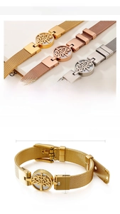 Three-color Tree of Life mesh strap bracelets in gold, silver and rose gold steel