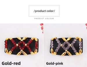 Detail view of gold-red and gold-pink beaded magic hair combs with leaf ornaments