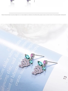 Close-up of grape-shaped earrings with purple crystals and green leaf gems on a magazine
