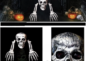 Detailed view of Halloween skull and skeleton arm stakes with realistic aged texture