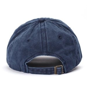 Navy blue washed cotton baseball cap with adjustable metal buckle and embroidery