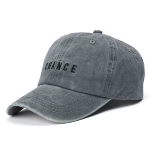 Close-up of Chance embroidery on dark gray washed cotton baseball cap with fine texture