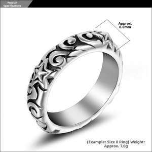 Detailed view of 6.0mm width vintage star ring with engraved vine patterns and weight specs