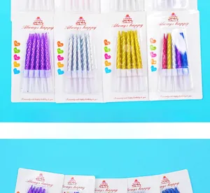 Spiral birthday candles in assorted metallic colors pack on a blue background