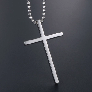 Minimalist silver titanium steel cross pendant necklace with a polished metal bead chain