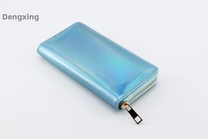 Detailed view of long zip-around wallet featuring holographic laser PU material in blue