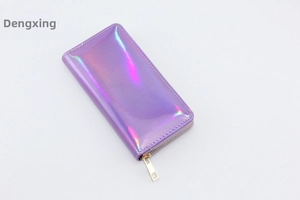 Detail of holographic purple laser PU long wallet showing iridescent finish and zipper