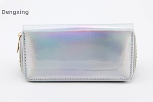 Detail of long iridescent laser PU wallet featuring a gold-tone wraparound zipper