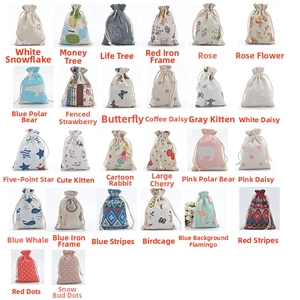 Grid view of cotton and linen drawstring jewelry pouches in 26 various patterns