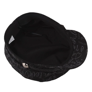 Women's black navy cap with graffiti print, silver button detail and rope trim
