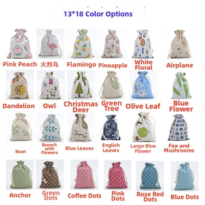 Detailed grid of 24 patterned 13x18cm cotton linen drawstring gift bags for jewelry and herbs