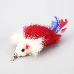 Plush mouse cat toy with colorful feather tail and metal swivel connector for wand attachment