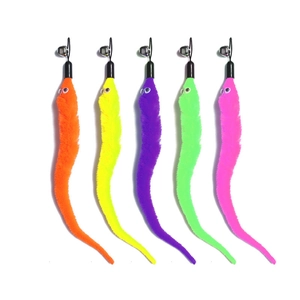 Five colorful plush feather cat wand replacements with metal bells on white background