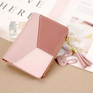 Pink patchwork short wallet for women featuring cute rabbit charm and tassel zipper