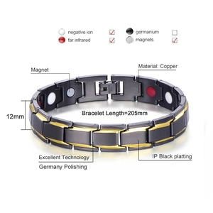 Men's magnetic health bracelet in black and gold plated copper, 12mm wide jewelry