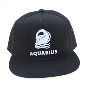 Detail of black cotton snapback hat featuring Aquarius zodiac sign and text design