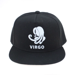 Detailed close-up of a black cotton flat-brim baseball cap featuring a white Virgo logo