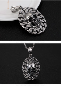 Detailed view of silver stainless steel skull pendant with relief on black leather background