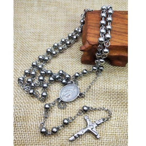 Rosario de cuentas de acero inoxidable de 6 mm con crucifijo y colgante de medalla pulida